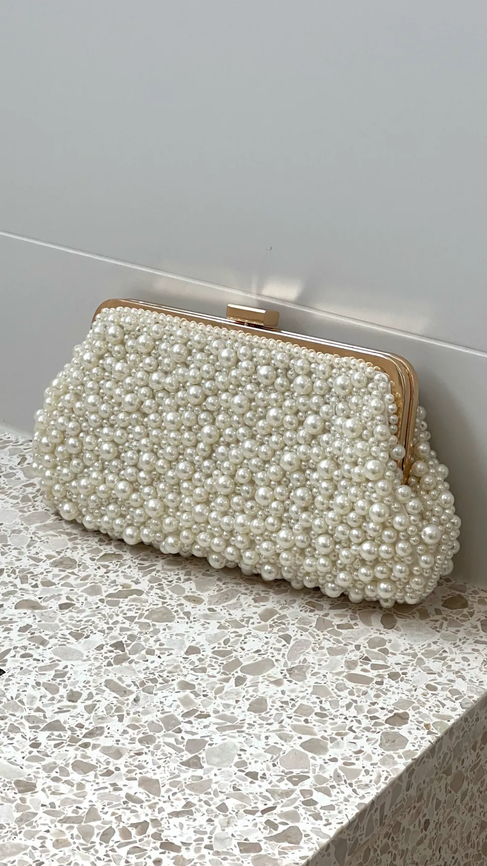 Norma Jean Faux Pearl Clutch - Cream/Gold