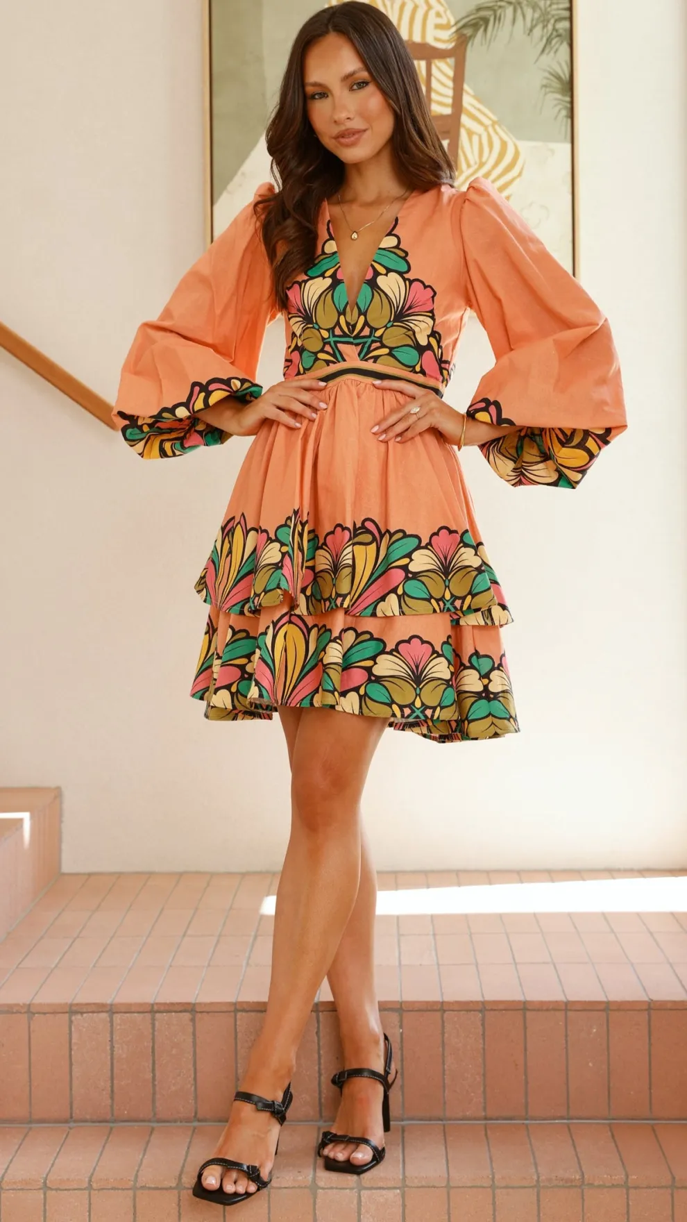 Portugal Long Sleeve Mini Dress - Melon