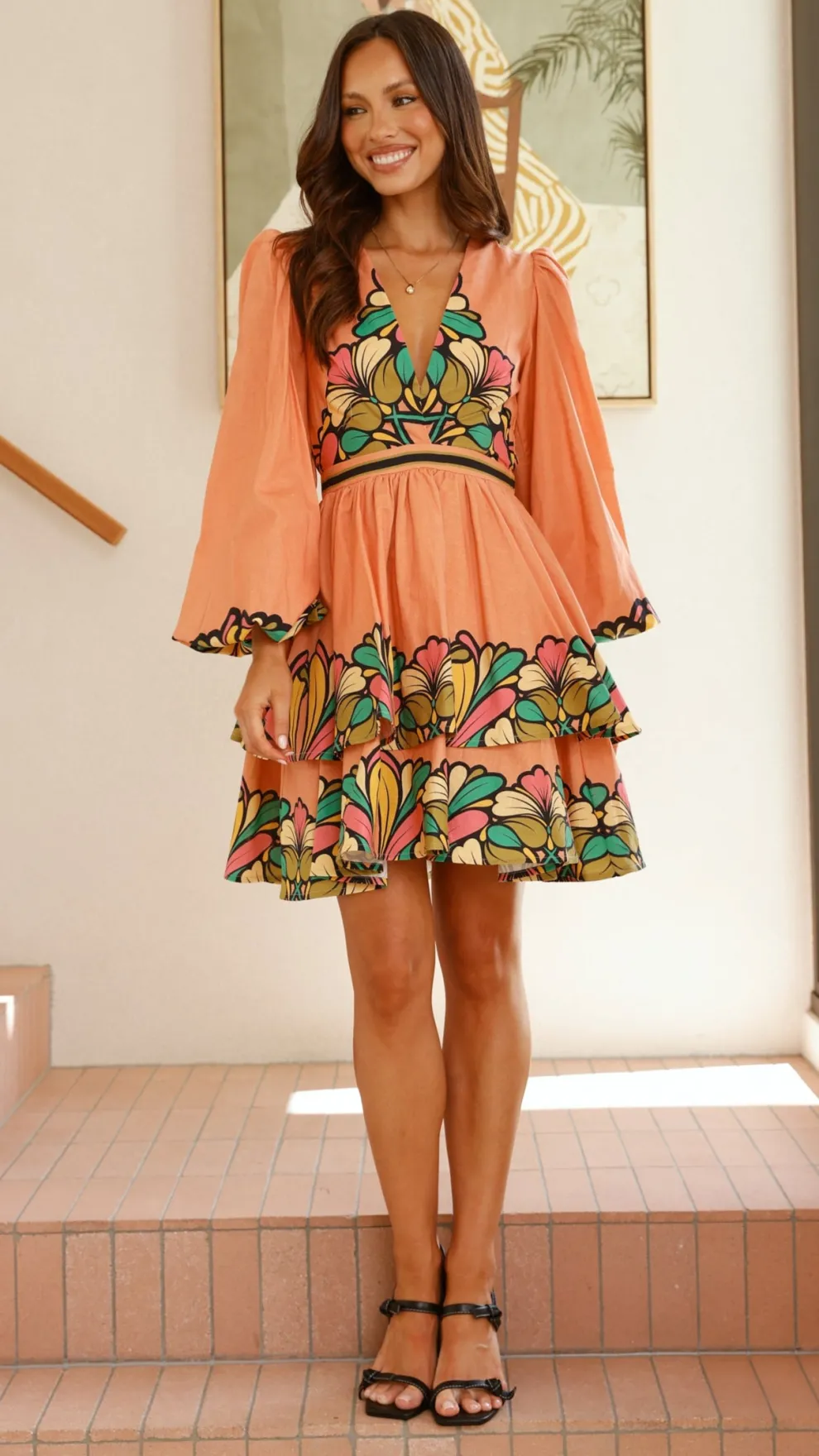 Portugal Long Sleeve Mini Dress - Melon