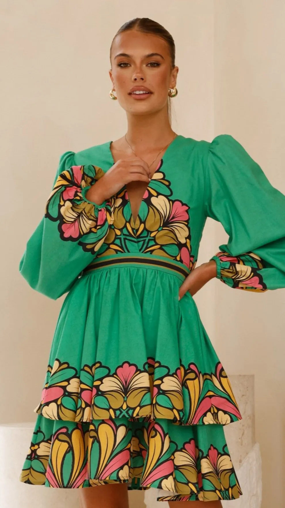 Portugal Long Sleeve Mini Dress - Apple