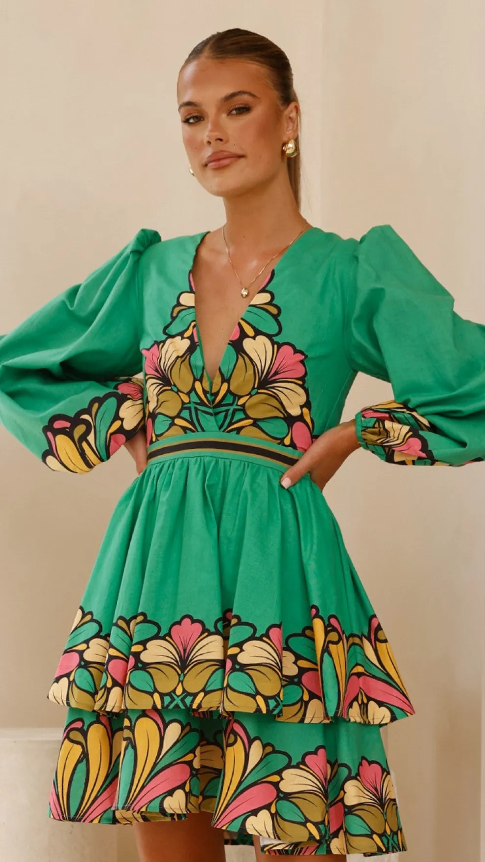 Portugal Long Sleeve Mini Dress - Apple