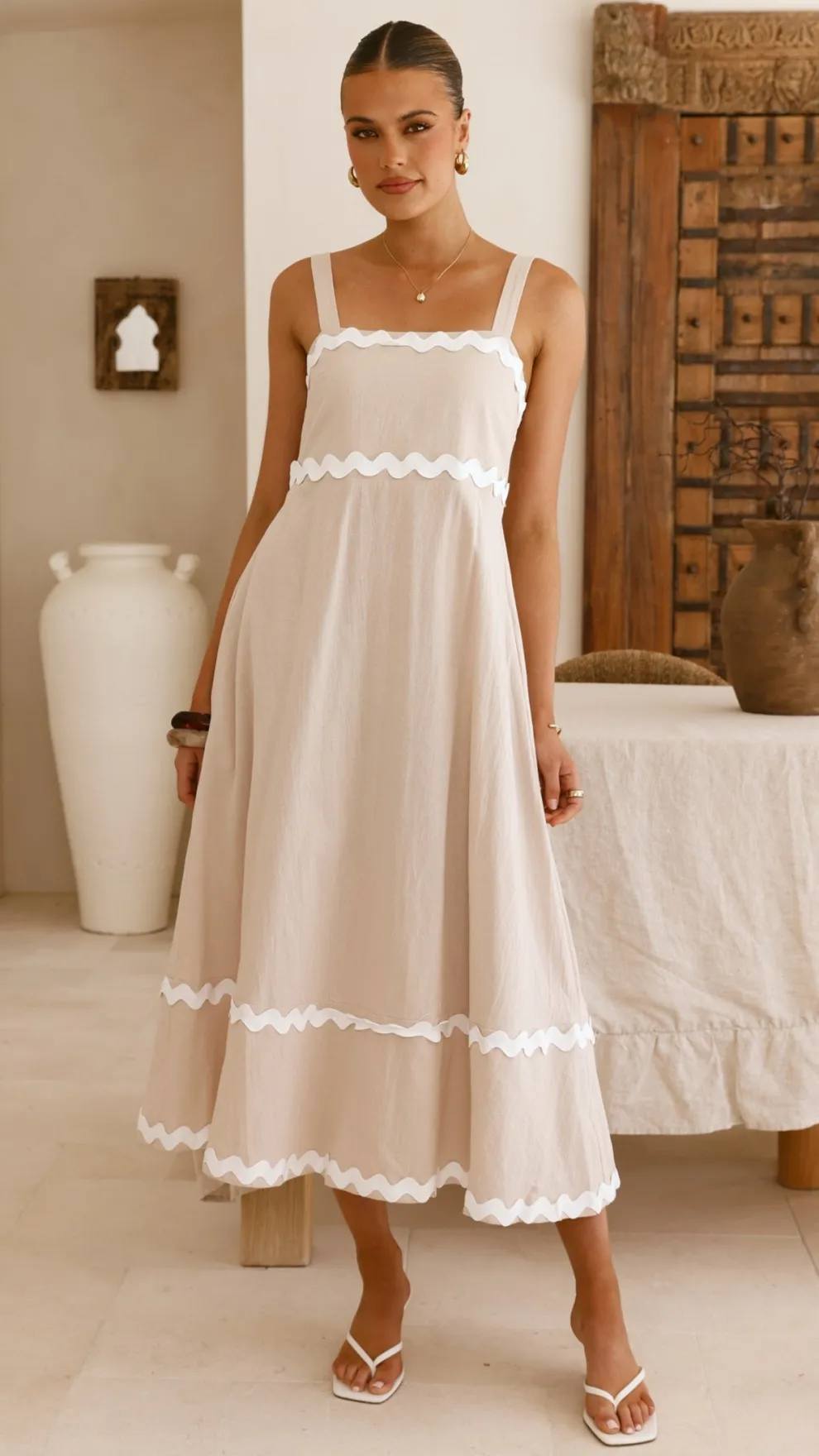 Raelynn Midi Dress - Beige/White