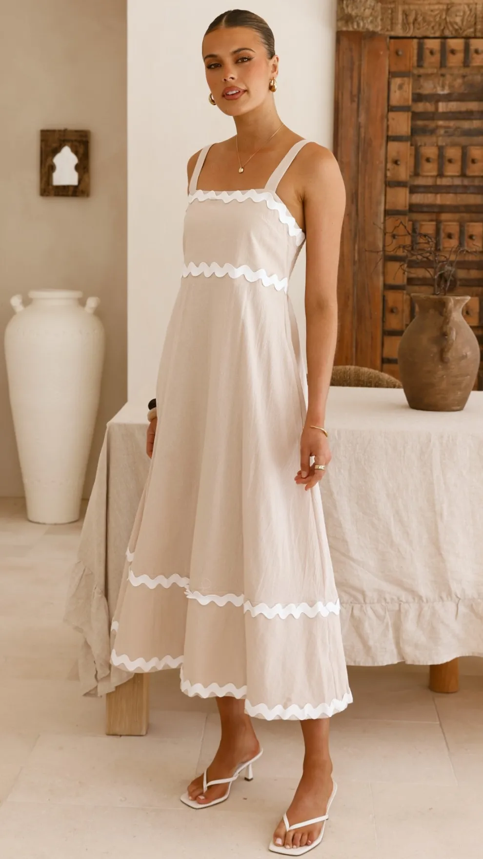 Raelynn Midi Dress - Beige/White