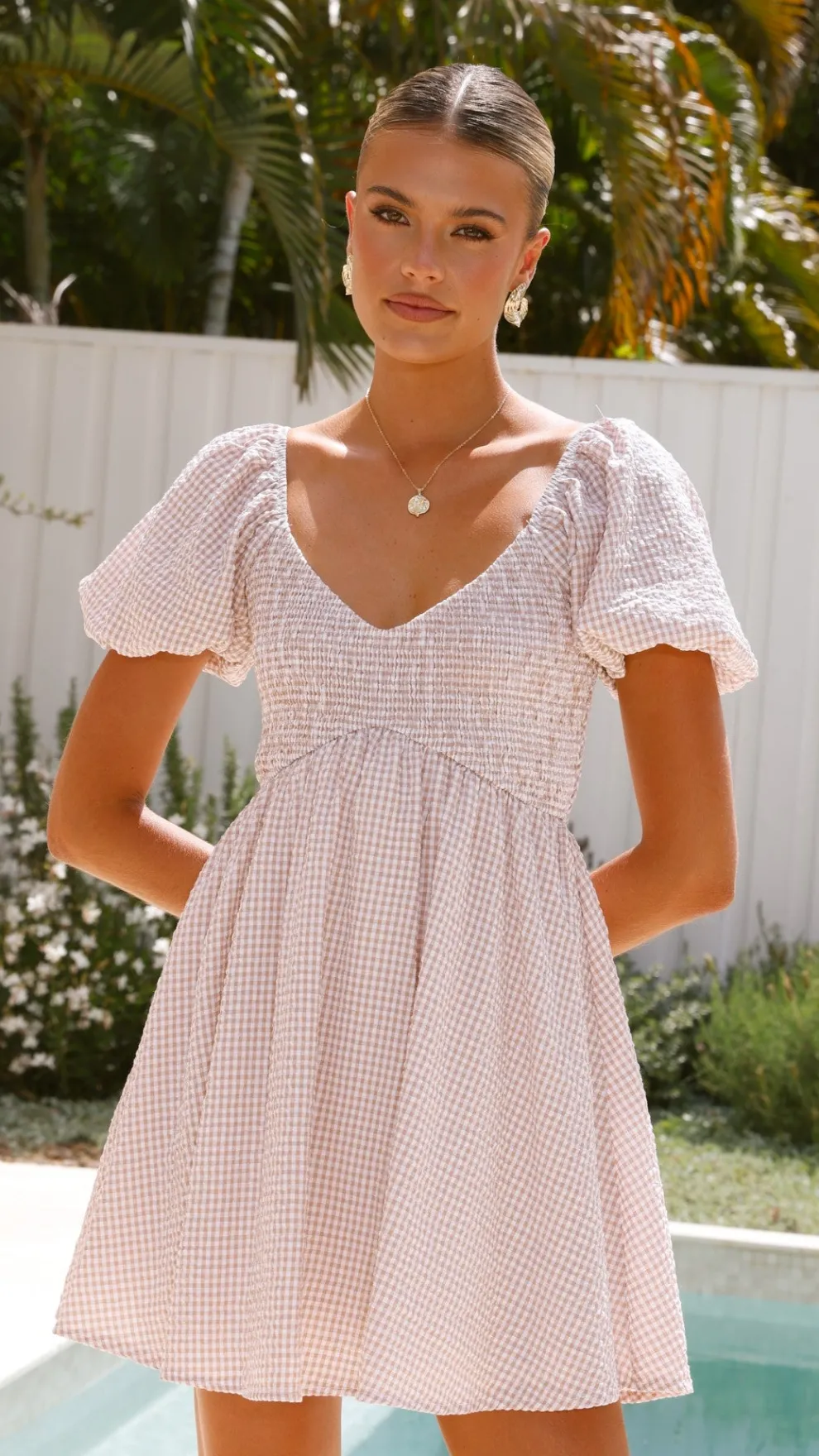 Sahirah Mini Dress - Beige / White Gingham