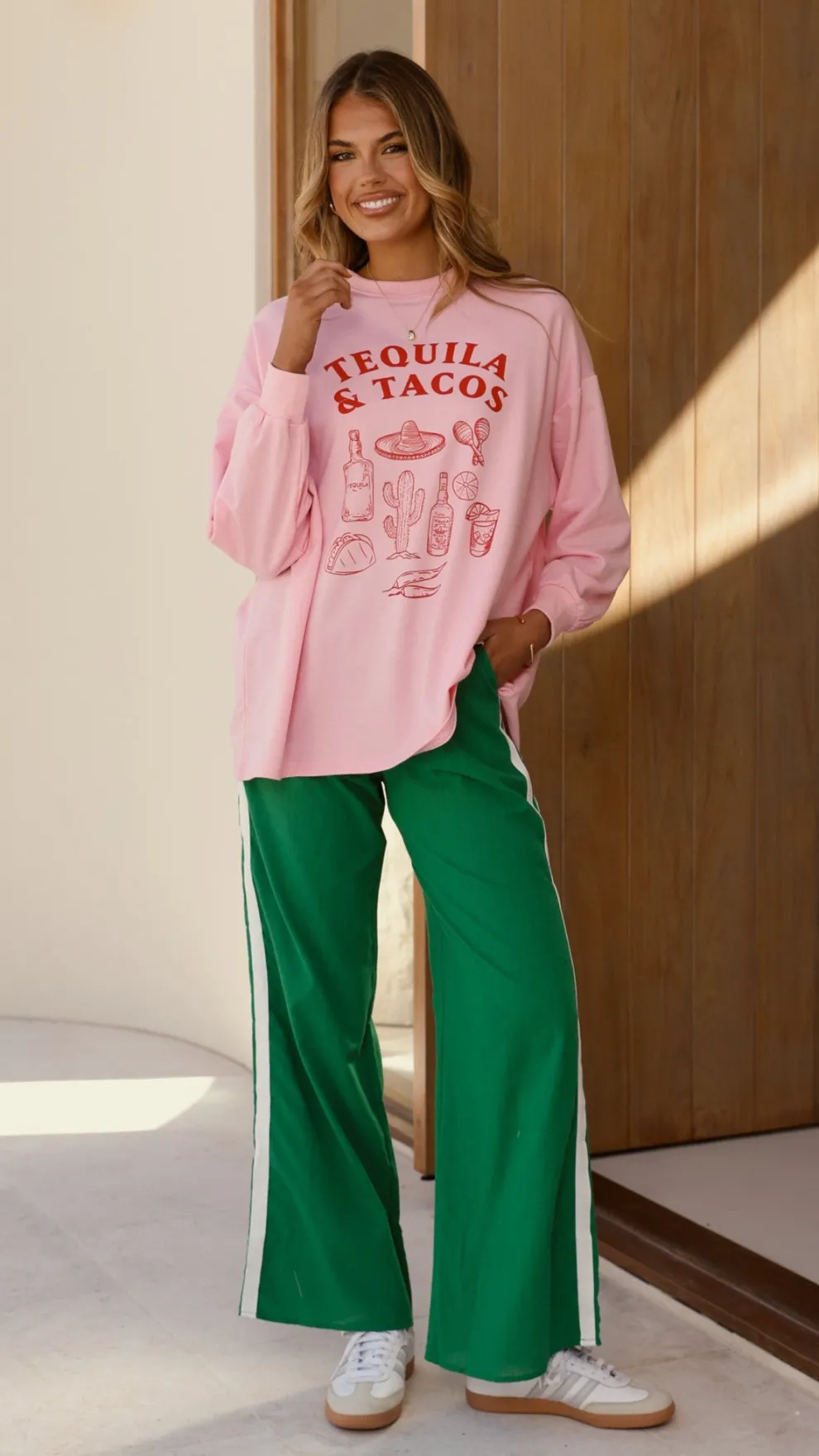 Tequila and Tacos Long Sleeve Top and Pants Set - Pink / Green