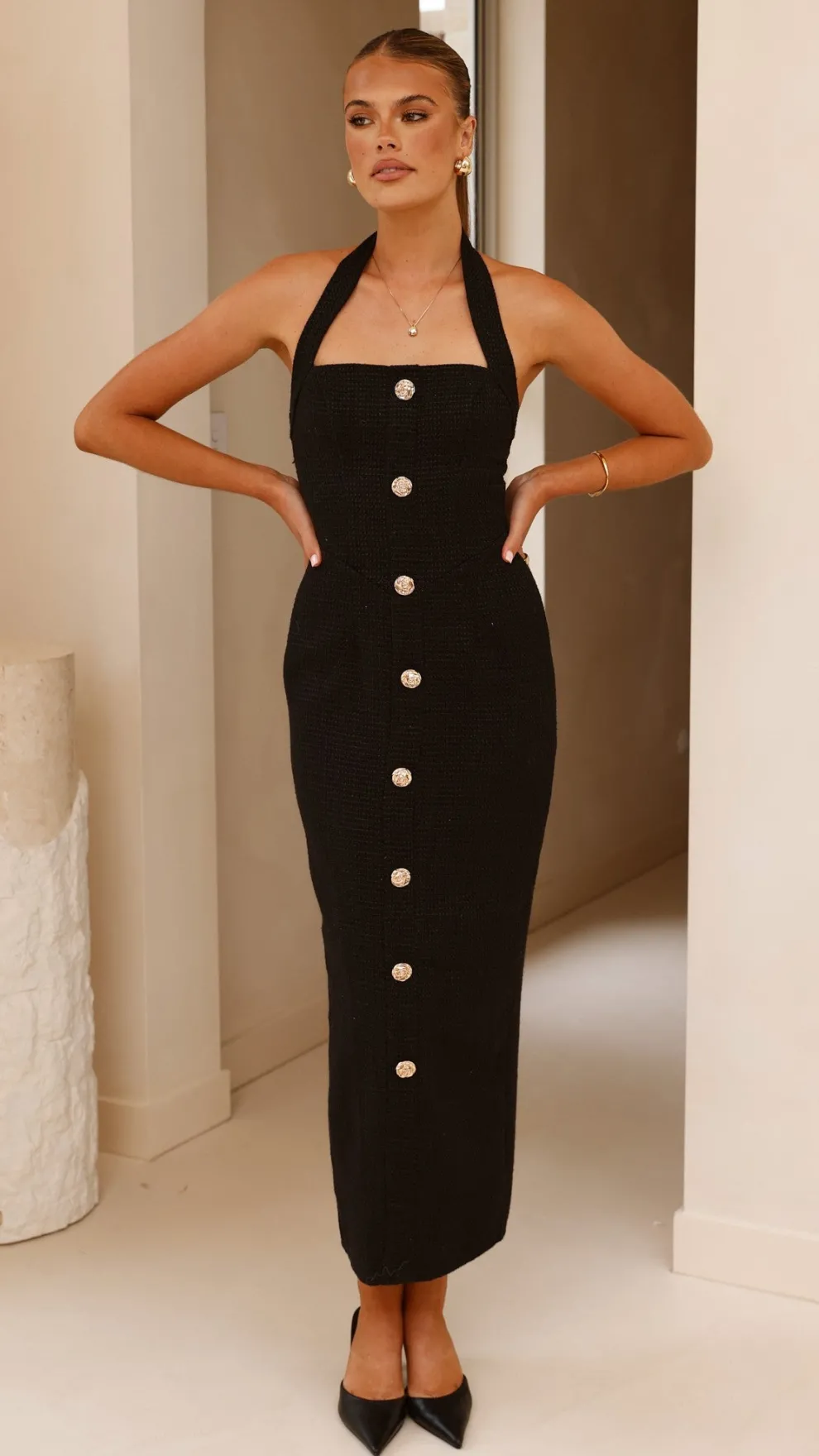 Tierra Button Midi Dress - Black