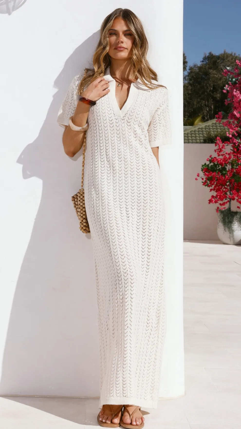 Tiffy Crochet Short Sleeve Maxi Dress - White
