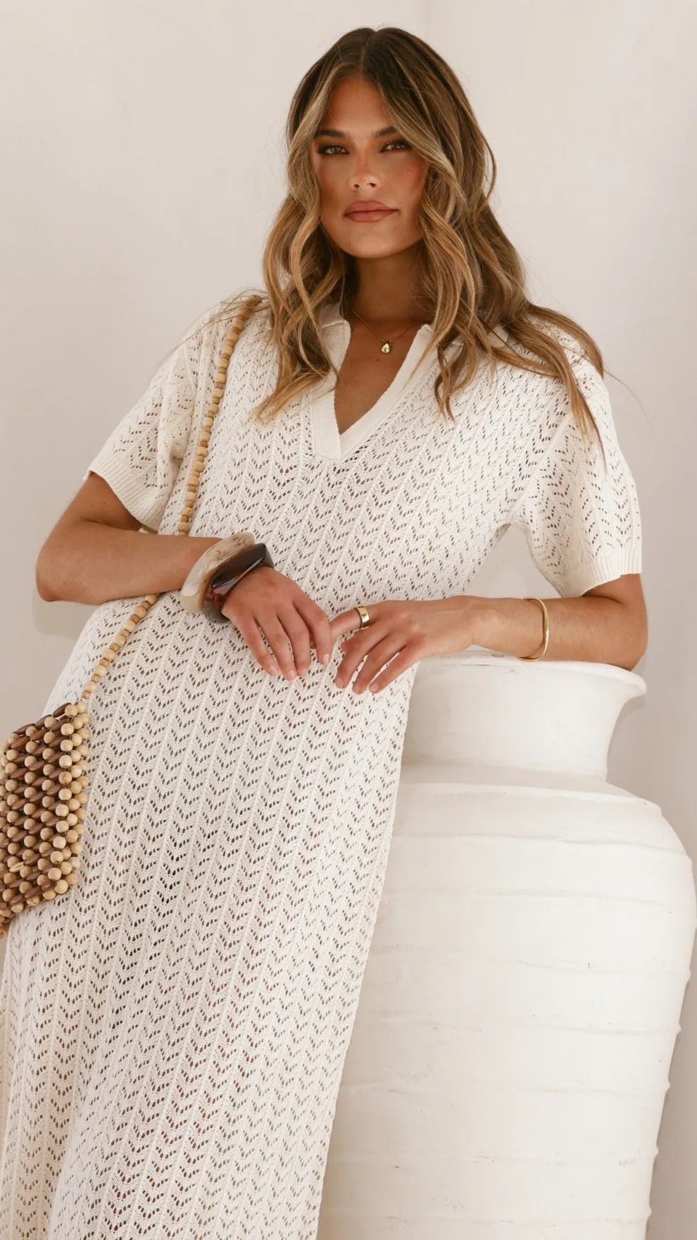 Tiffy Crochet Short Sleeve Maxi Dress - White