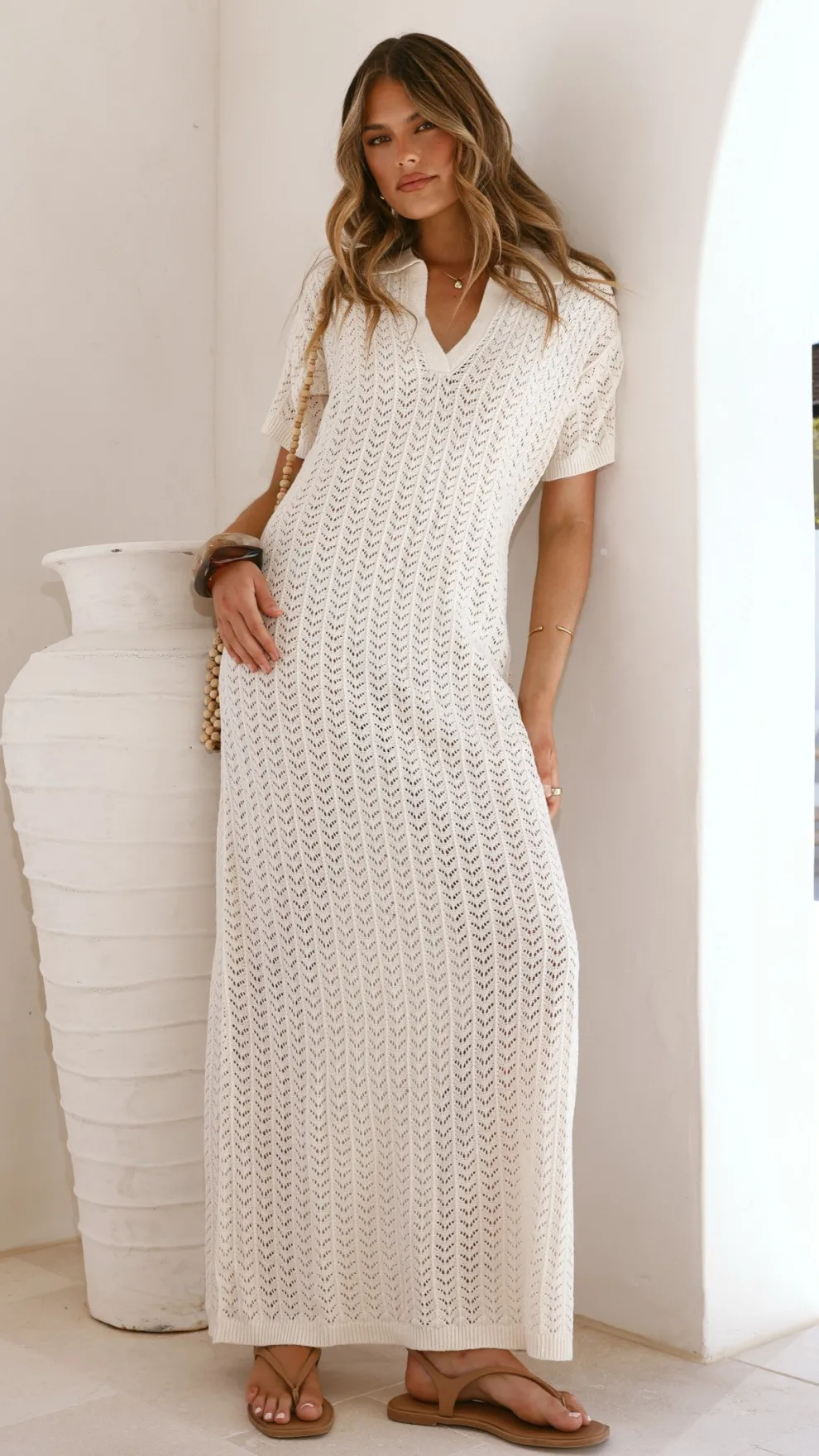 Tiffy Crochet Short Sleeve Maxi Dress - White