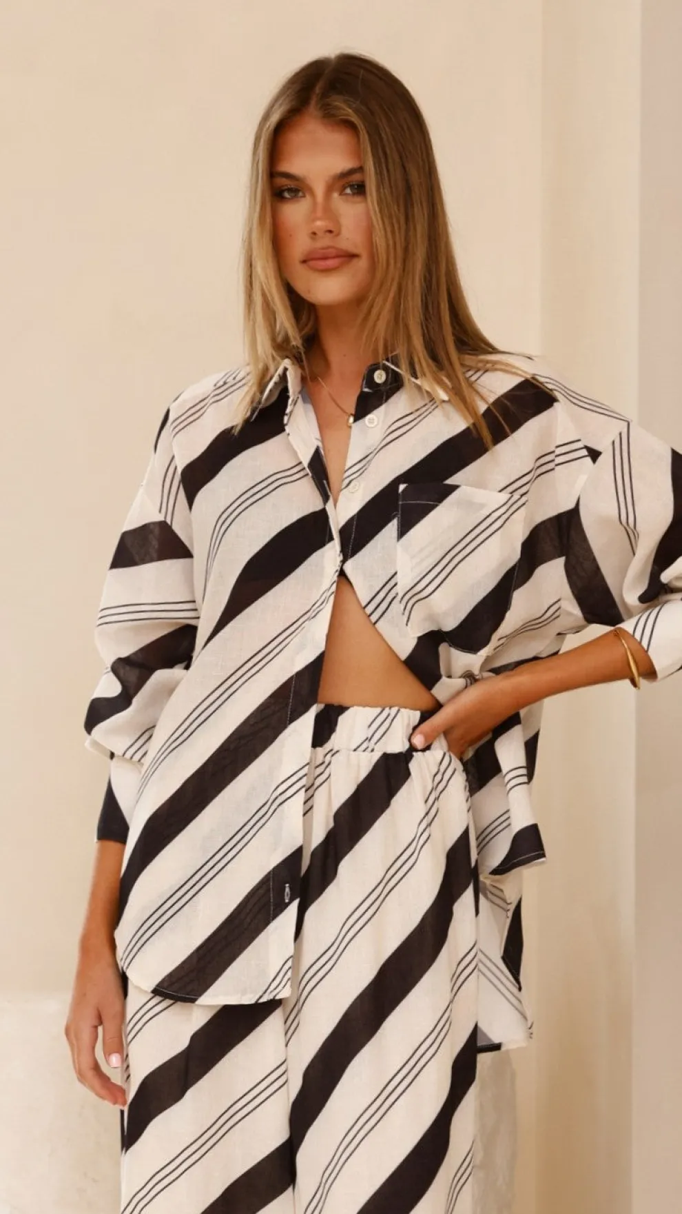 Torrey Button Up Long Sleeve Shirt - Black/Cream