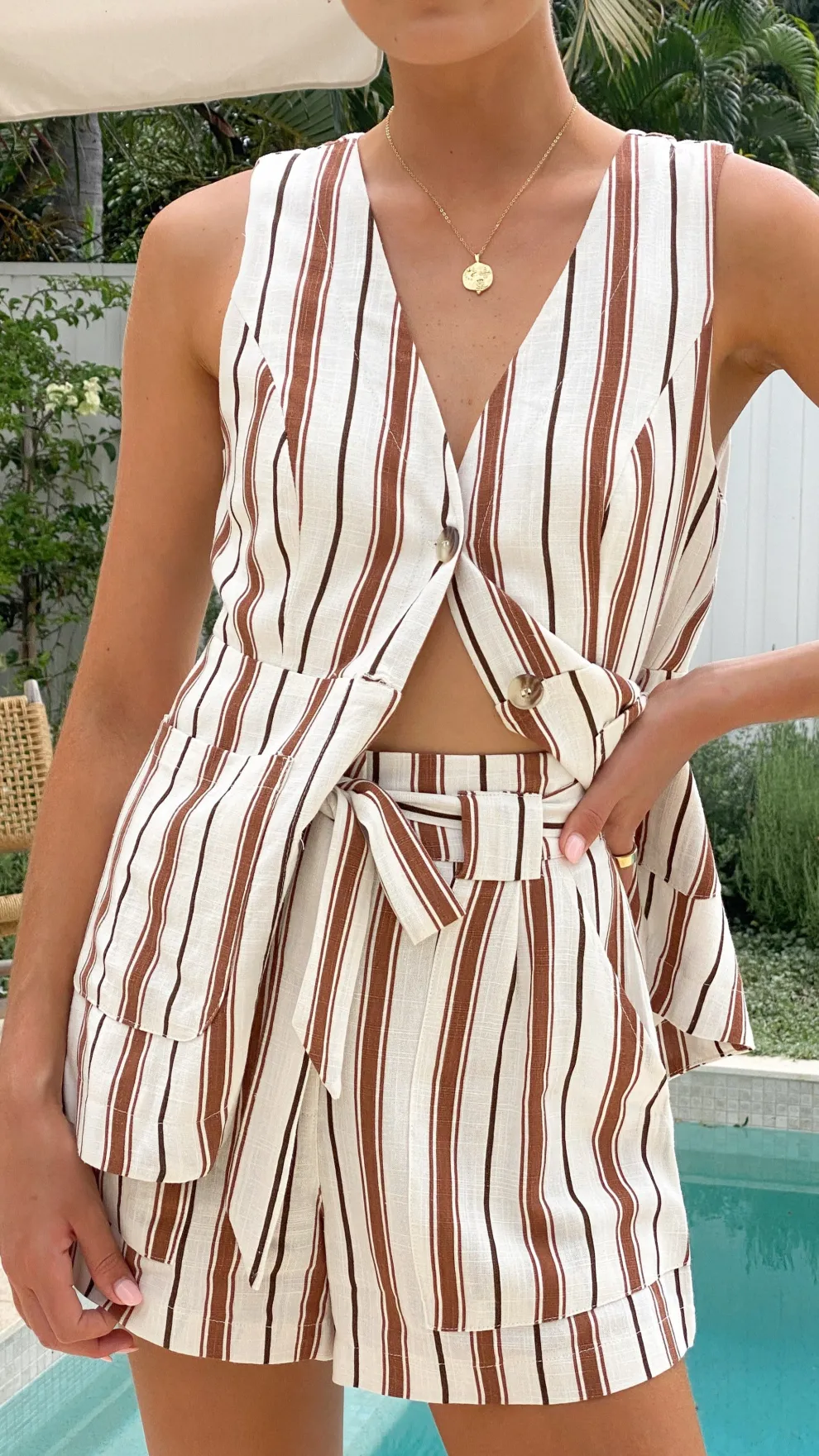 Varian Button Vest - Tan Stripe