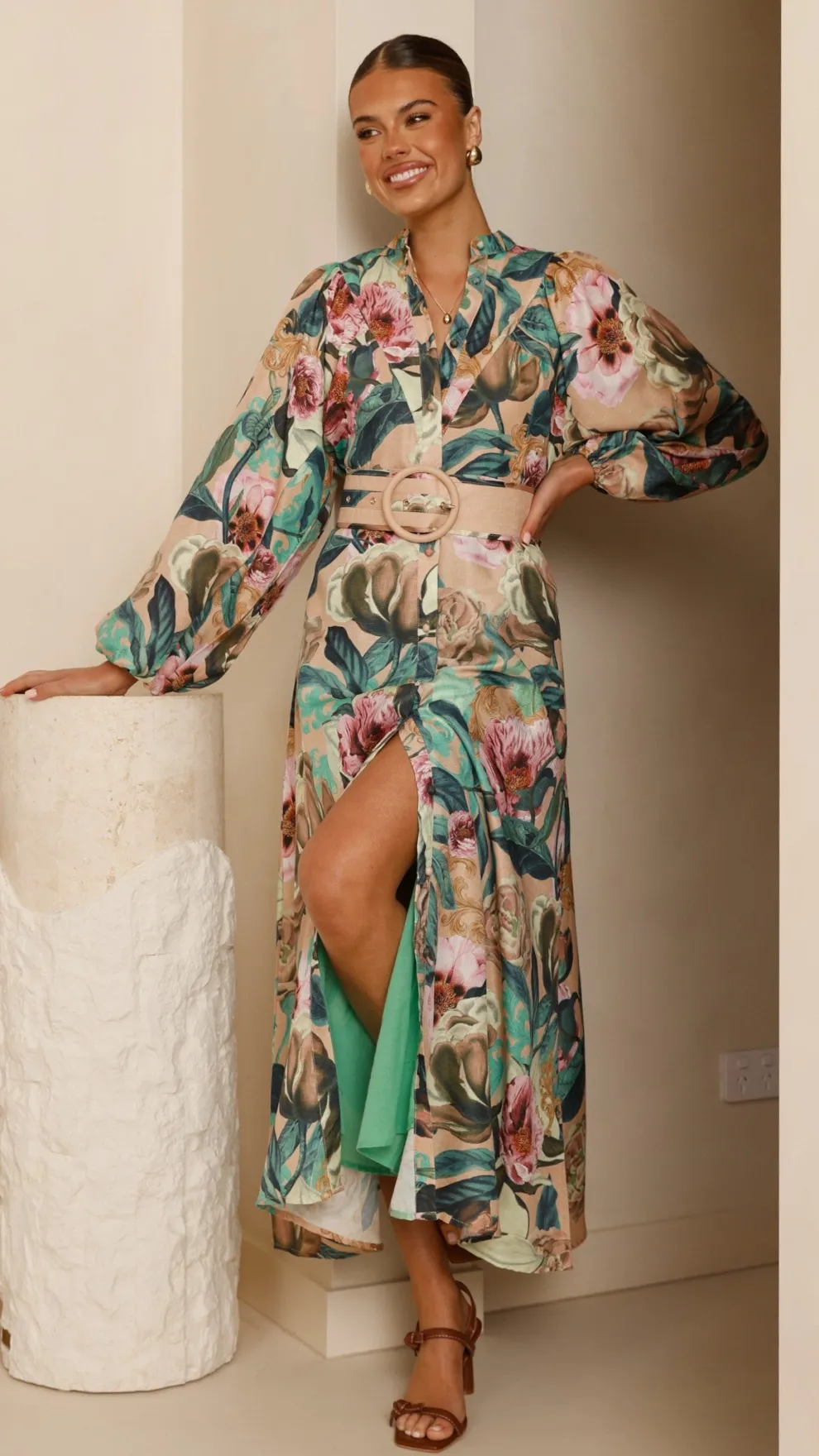 Veronica Button Down Maxi Dress - Mocha Rose Donatella