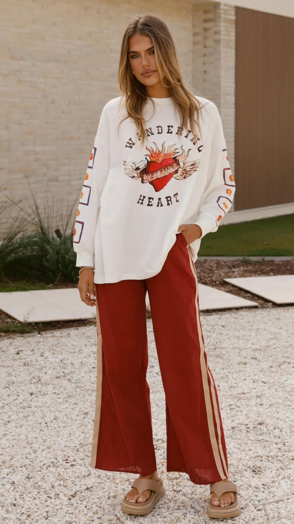 Wandering Heart Long Sleeve Top and Pants Set - Dark Red