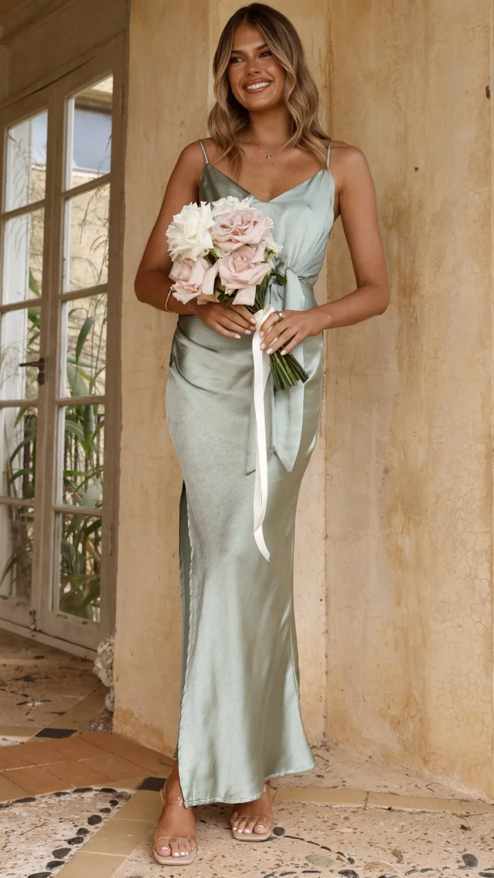 Yasmeen Tie Front Maxi Dress - Sage