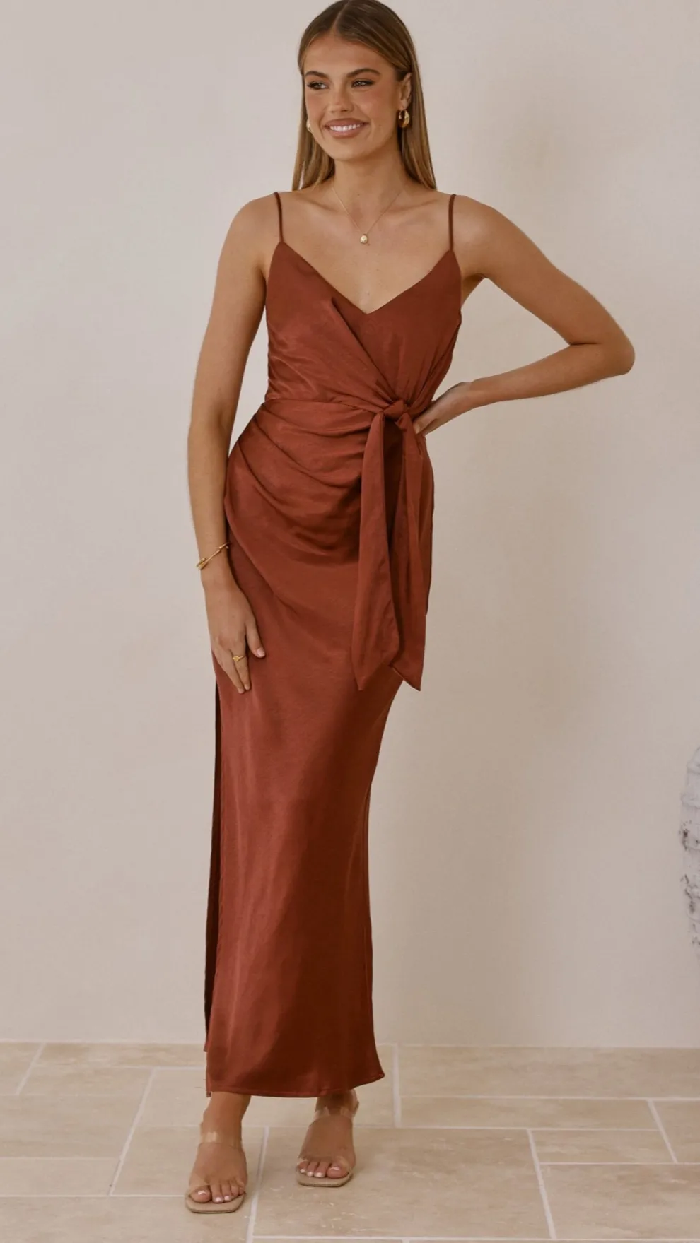 Yasmeen Tie Front Maxi Dress - Rust