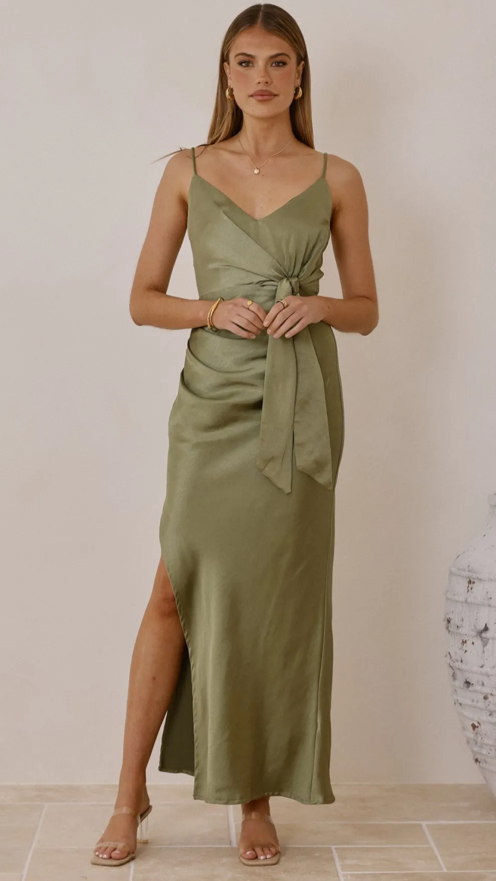 Yasmeen Tie Front Maxi Dress - Olive