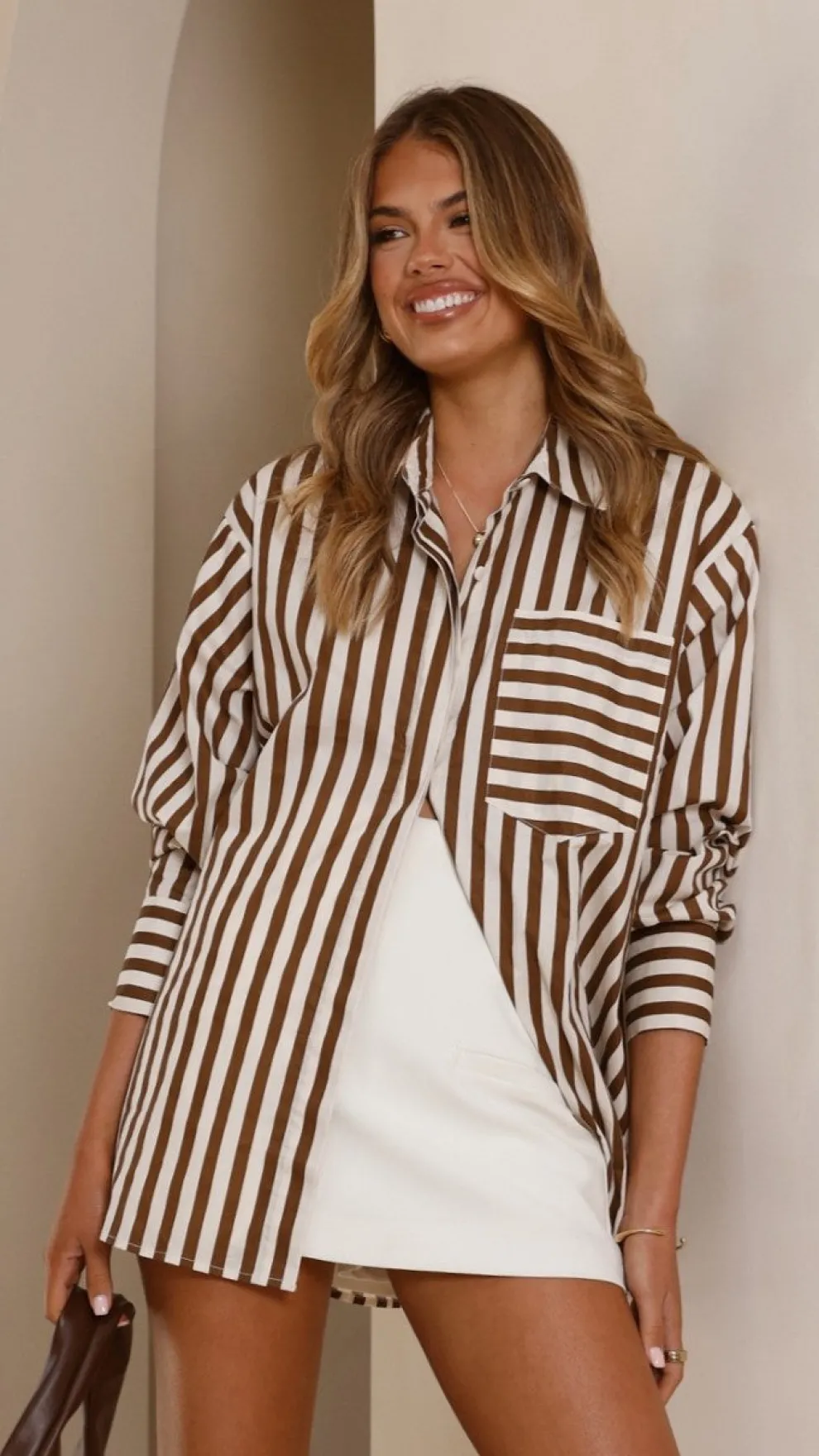 Zoah Long Sleeve Button Up Shirt - Choc/Champagne Stripe